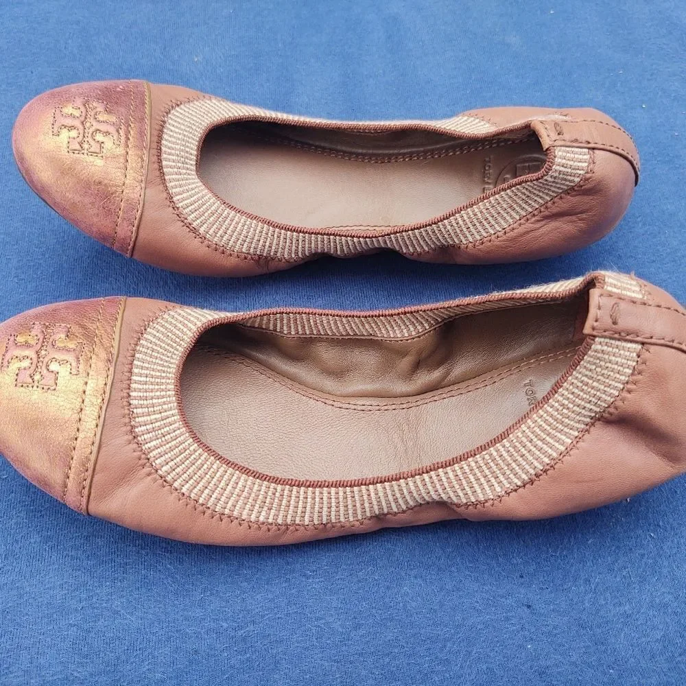 TORY BURCH Brown Leather Scrunch Ballet Flats Size 7.5